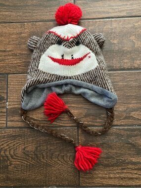 Kids Brown & White Monkey Earflap Hat with Red Pom Detail